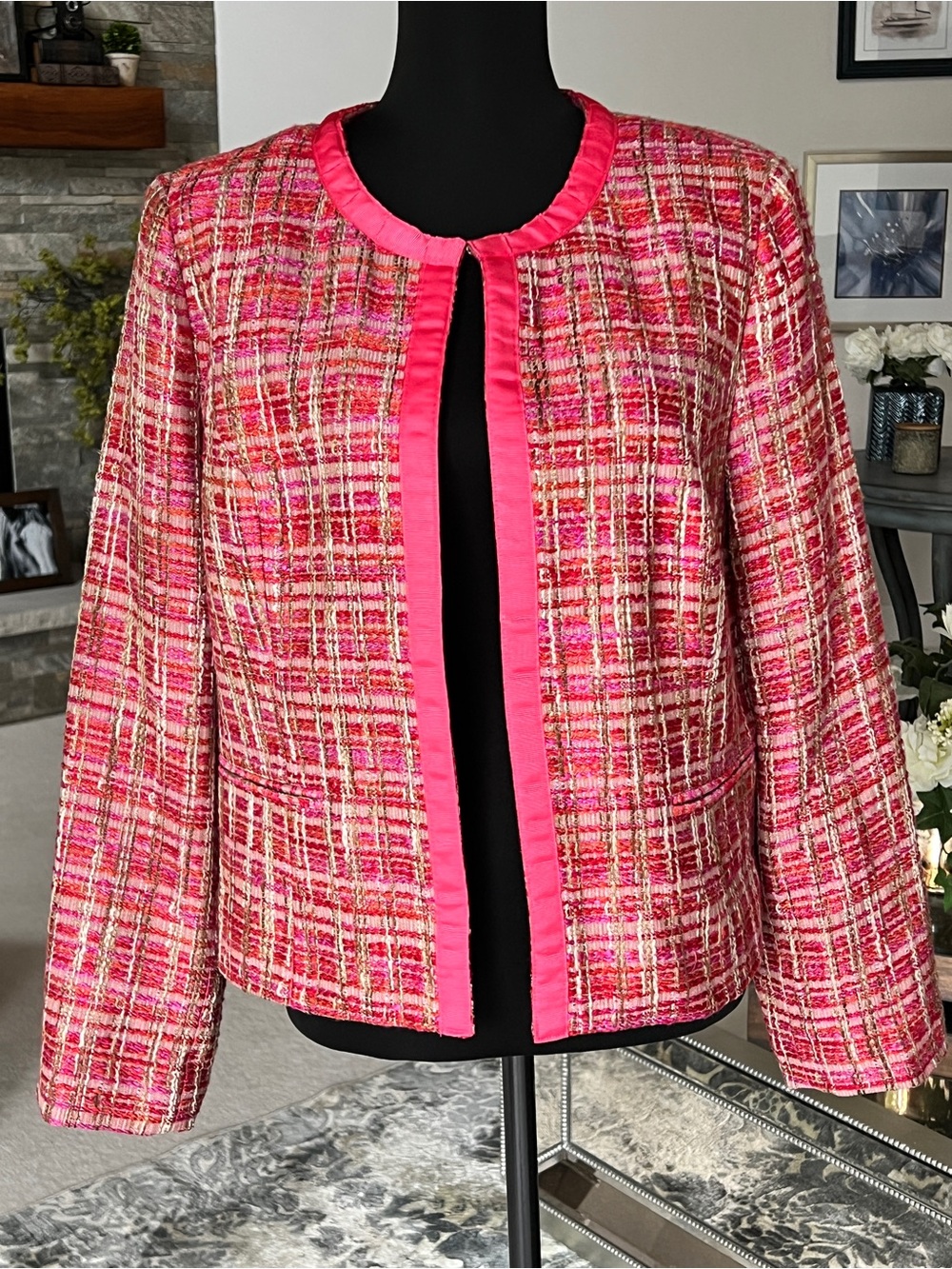 NWT Chico's Hot Pink & Cream Tweed Open-Front Jacket